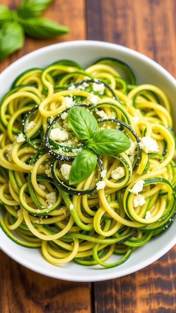 A bowl of zucchini noodles with garlic and Parmesan cheese, garnished with basil on a wooden table.